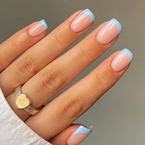KXAMELIE Blue French Tips Press on Nails Short with Designs Square Shape Glue on Nails Fake Nails for Women Acrylic Nails Press on Full Cover Coffin Nails 24PCS False Nails
