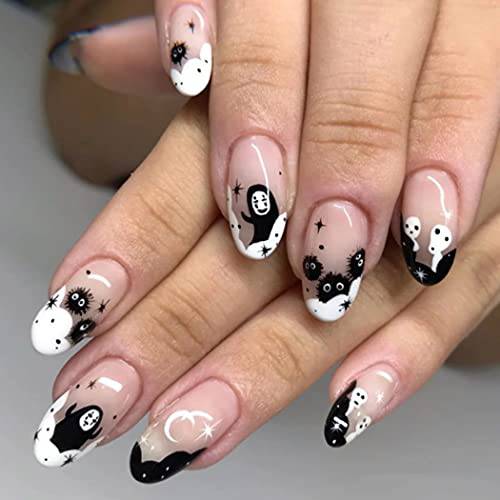 Aksod Ghost Press on Nails Short Glossy Virus Fake Nails Almond Cartoon Print Designed False Nails Tips Full Cover Cute Halloween Easter Festival Artificial Nails Sets for Women and Gilrs 24Pcs (Style G)