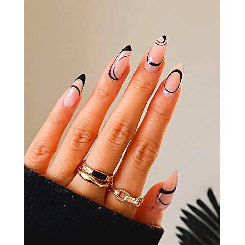 Sankki Almond French Tip Press on Nails Black Abstract Line Medium Length Nude Fake Nails with Design Short Acrylic Glossy False Nails sulu for Women and Girls 24Pcs (French Black Abstract Lines)