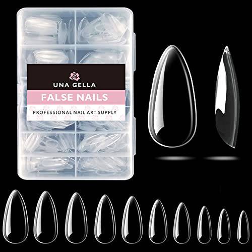 UNA GELLA Almond Fake Nails 500pcs - Medium Almond Press on Nails Clear Almond Gel Nails Tips for Full Cover Acrylic Almond Nails False Nails For Nail Extension Nail Art, Home DIY Nail Salon 12 Sizes Gelly Tips