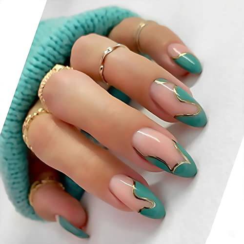 KXAMELIE Green Press on Nails UV Finish Gel Nails,Medium Almond Shape Reusable Fake Nails with Glue for Women Girls DIY Manicure Nail Art,2022 Fashion Nails