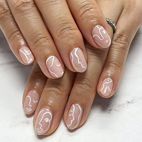 YOSOMK 24Pcs Press on Nails Short Full Cover Fake Nails Glossy Glue on Nails Short French False Nails with Glue Acrylic Nails for Women & Girls（Abstract Face）
