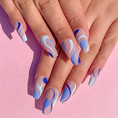 Hzacye 24 Pcs Press on Nails Medium, Coffin Fake Nails with Glue, Glossy Glue on Nails False Nails for Women Girls (Blue Swirl)