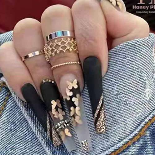 Kamize Luxury Press on Nails Extra Long Fake Nails Black Ballerina Coffin Butterfly False Nails for Women and Girls24PCS