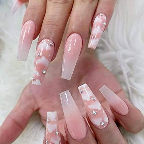 YOSOMK 24PCS Pink Press on Nails Long Coffin Fake Nails with Designs Glossy False Nails for Women Girls Stick on Nails with Glue on Acrylic Nail Tips（Pink Cloud Diamonds 3)