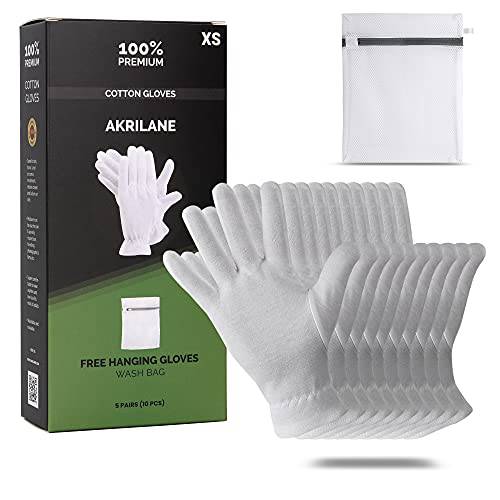 XS Extra Small Cotton Gloves for Dry Hands, Moisturizing Gloves Overnight, Eczema Treatment, Skin Spa Therapy, Cosmetic Jewelry Inspection Premium Quality (5 Pairs)
