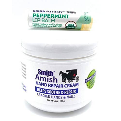 Smith Amish Hand Repair Cream 4.5 oz jar Plus Organic Peppermint Lip Balm.