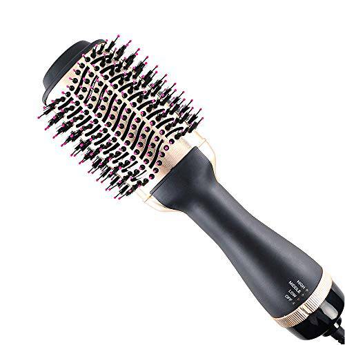 Hair Dryer Brush, Hot Air Blow ,3-in-1 Electric Ceramic Coating Salon Comb for All Hair Types, Hair Volumize Straightener Curler (Gold)