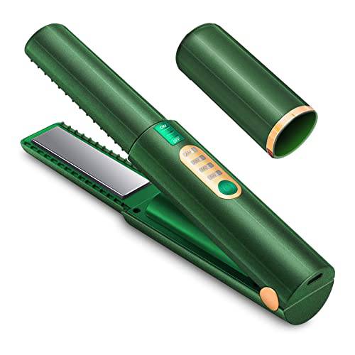 Cordless Hair Straightener and Curler 2 in 1, Portable Ceramic Flat Iron for Travel Trip, 3 Level Adjustable Temperature Fast Heating with Type-C USB Charging, Green