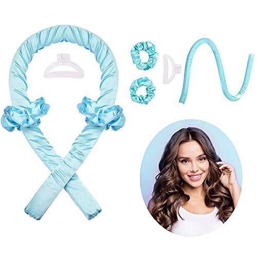 No Heat Curlers, Heatless Curling Rod Headband for Medium and Long Hair, Soft Silk Roller to Sleep In with Hair Clip and Hair Ties for DIY Hair Styling (Blue)