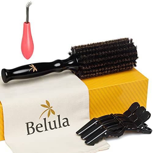 Belula 100% Soft Boar Bristle Round Brush for Blow Drying Set. Round Hair Brush With Medium 2.1” Wooden Barrel. Hairbrush Ideal to Add Volume and Body. Free 3 x Hair Clips & Travel Bag.