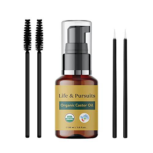 Life & Pursuits Organic Castor Oil (6.76 fl oz) - 100% Pure Hair Growth Oil and Moisturizer for Healthy Hair, Eyelashes, Eyebrows and Skin - Hexane-Free & Cold-Pressed Natural Oil (Packaging May Vary)