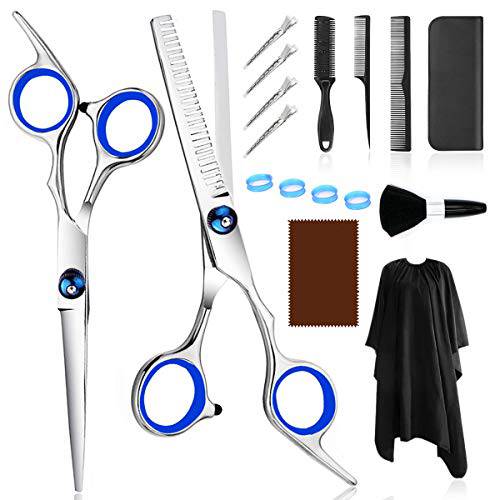 Hair Cutting Scissors Kit, 17 Pcs Professional Hairdressing Scissors Kit with Stainless Steel Thinning Scissors Comb Cape and Clips, Hair Cutting Shears Set for Salon, Home, Barber (Sliver)