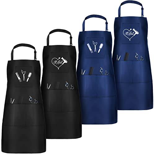 4 Pcs Hair Stylist Apron with 4 Pockets Waterproof Salon Aprons for Hairdresser Cosmetologist Apron (Black, Dark Blue)