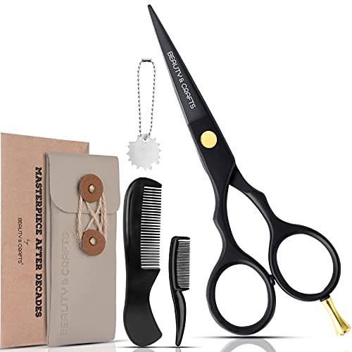 Gift for Men - Beard & Mustache Scissors with Comb & Carrying Pouch-5.5 Japanese Steel Beard Scissors for Cutting & Styling- Grooming scissors For Facial Hair - Mustache kit for Trimming(Black)