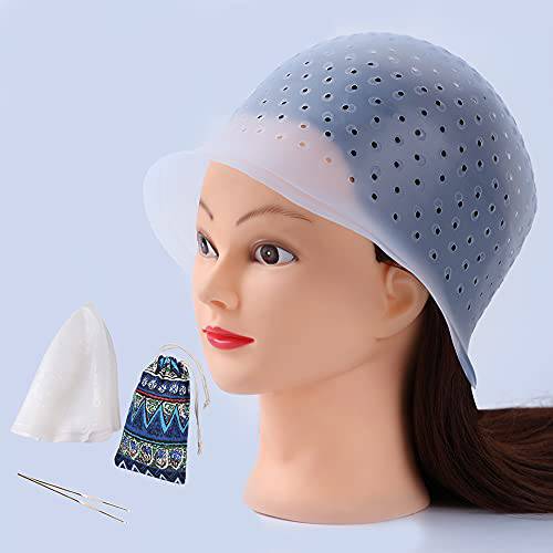 MILANGE Pre-punched Highlight Cap 2 Sets (White and Blue) Open Holes Reusable Silicone Hair Highlighting Dye Cap with Hook Hair Caps for Highlights Professional Tipping Caps for Home and Salon Use