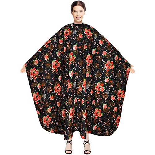 Waydaw Hairdresser and Salon Stylist Cape for Hair Styling, Shampoo, Coloring Waterproof Designer Cape with Adjustable Hook Closure, Fashionable Cute Rose Floral Pattern
