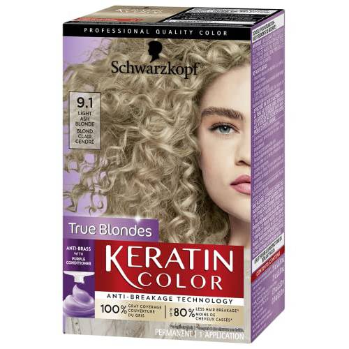 Schwarzkopf Keratin Color Permanent Hair Color Cream, 9.1 Light Ash Blonde, 1 Kit