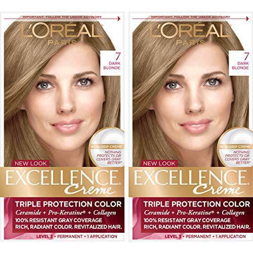 L’Oreal Paris Excellence Creme Permanent Hair Color, 7 Dark Blonde, 100 percent Gray Coverage Hair Dye, Pack of 2