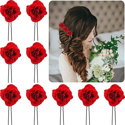 9 Pieces Rose Flower Hair Clips Flower Hairpin Brooch Bridal Hair Pins Fabric Bridesmaids Head Bobby Pins for Women Girls Wedding Hair Accessory(Red)