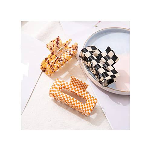 Checkered Hair Claw Clips for Women Girls Fashion Hair Clips for Styling Claw Clamps Thick Hair Retro Rectangle Shape, YOEMAYUNER (3PCs 3Colors a)