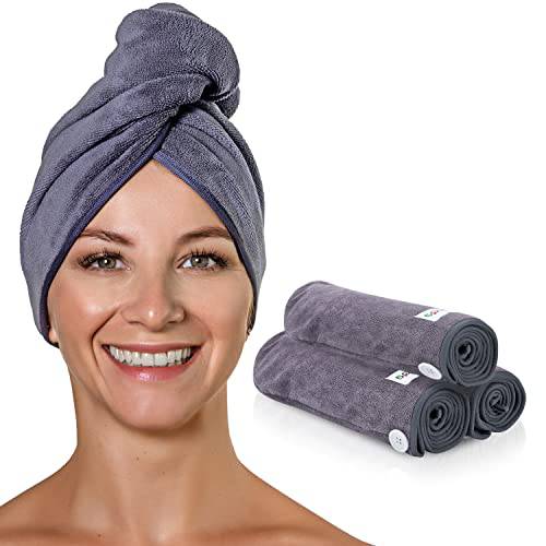 Large Microfiber Hair Towel Wrap for-Curly Hair and Thick Long Wavy Hair, Set of 3 Quick Hair Drying Towel, Hair Wrap Towel for Women and Men (Set of 3 Gray)