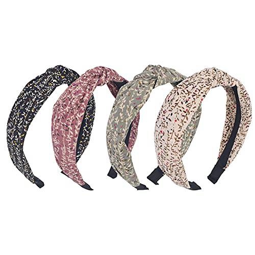 4Pcs Headbands for Women,Floral Pattern Knotted Wide Headbands Cross Knot Hair Bands Vintage Hairband Turban Hoops Twist Headbands Accessories,Style 1