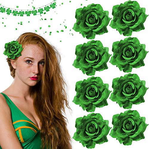 8 Pieces St. Patrick’s Day Hair Decoration Flower Hair Clip Irish Green Rose Hairpin St. Patrick’s Brooch Floral Clips St. Patrick’s Party Supplies for Woman Girl Girlfriends Wife Accessories