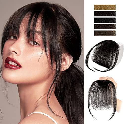 MORICA Clip in Bangs for Women 100% Human Hair Extensions Wispy Bangs Fringe with Temples Hairpieces Air Bangs Flat Bangs Clip Curved Bangs for Daily Wear (A-Black Brown)