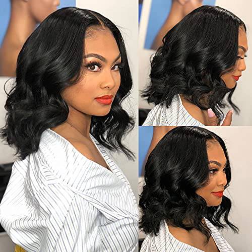 MDL Body Wave Lace Closure Wig Human Hair Wet and Wavy Natural Black 14 Inch 4x4 Lace Ftront Wig Human Hair Wigs Brazilian Hair Pre Plucked Bleached Knots