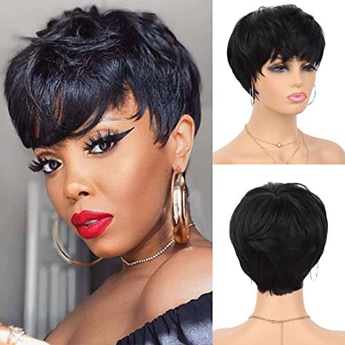 G&T Wig Pixie Cut Wig with Bangs Short Layered Black Wigs for Women Heat Resistant Full Machine Made Wigs None Lace Front Daily Wear(Black)