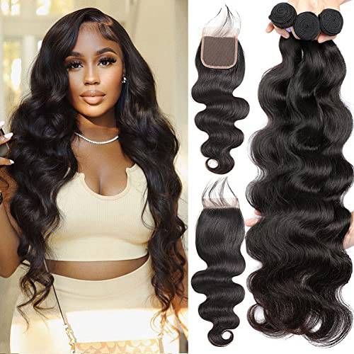 Closure with 3 Bundles (24 26 28+22，Free Part) Brazilian Body Wave Bundles with Closure 100% Body Wave Virgin Remy Hair Weft Human Hair Bundles with Medium Brown Swiss Lace Closure Natural Color