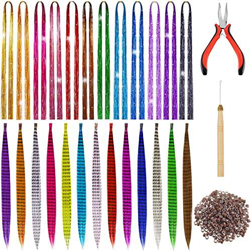 1440 Strands Hair Tinsel Kit with Tools Glitter Hair Extension Tinsel 26 Pieces 13 Colors Feather Hair Extensions Heat Resistant Synthetic Hair with 200 Micro Ring Beads for Women Cosplay Party Supply