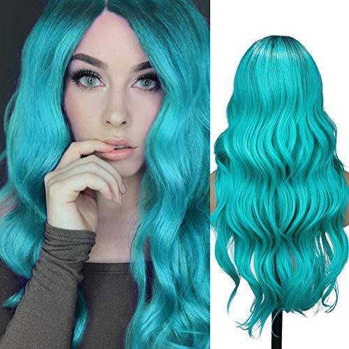Fancy Hair Ombre Wig Bluish Light Blue Wigs Long Curly Wavy Hair Wigs 2 Tones Dark Roots Synthetic Teal Daily Party Cosplay Wigs for Women
