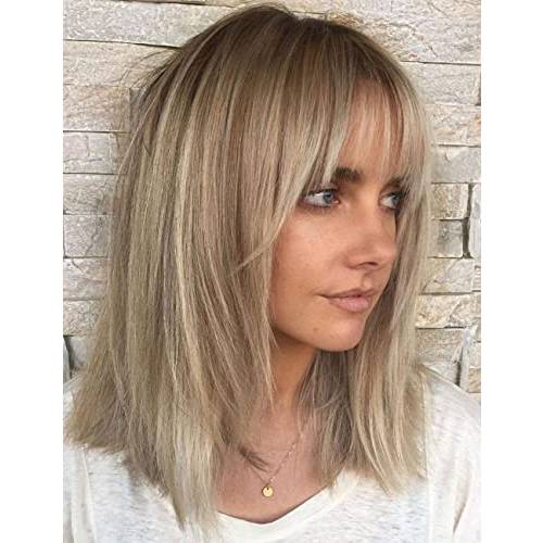 RENERSHOW Short Ombre Blonde Wig with Bangs Layered Straight Bob Synthetic Wigs for Women Mixed Blond Wig with Dark Roots Natural Looking Daily Party Wig(14inch)