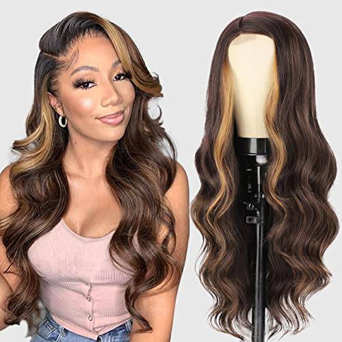 Long Body Wavy Wig Brown Mixed Blonde Side Part Wig Highlights Synthetic Wig 150% Density Natural Hairline Hair Replacement Wigs for Women 26’’