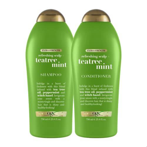 OGX Extra Strength Refreshing Scalp + Teatree Mint Shampoo, Invigorating Scalp Shampoo &Conditioner with Tea Tree & Peppermint Oil & Witch Hazel, Paraben-Free, Sulfate-Free Surfactants, 25.4 Fl Oz