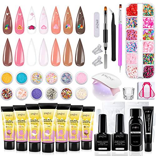 JOSLOVE Poly Extension Gel Nail Kit, 7 Colors Clear Poly Nail Gel Pink Brown Poly Nail Colors Set with Mini Nail Lamp Slip Solution and Other Basic Nail Art Tools All in One Kit