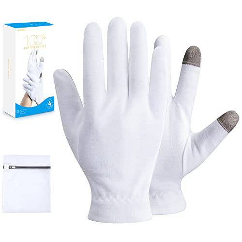 MNOPQ 100% Cotton Moisturizing Gloves 4 Pairs Large, White Cotton Gloves Overnight Bedtime for Moisturizing Hands, Eczema | Touch Screen, Wristband and Washing Bag