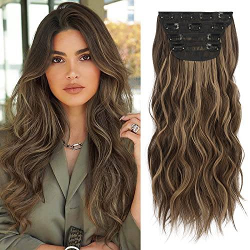 FESHFEN Clip in Hair Extensions 4PCS Honey Blonde Mixed Light Brown Thick Highlight Hair Piece Long Wavy Clip in Extensions Full Head Synthetic Fiber Hairpieces for Women, 20 Inches 180g