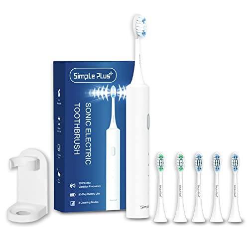 Simple Plus+ Ultraonic Electric Toothbrush Ultra Clean, Ultrasonic Automatic Toothbrush with 5 Brush Heads for Adults, Fast Charge 90 Days Battery Life, Cordless and Soft Electric Toothbrush