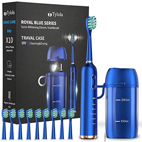 Tylola Travel Portable Sonic Electric Toothbrush for Adults-10 Dupont Premium Replacement Heads-1 Minute Automatic Cleaning &Drying Function-2 Minute Smart Timer-4 Modes,3 Intensity-Royal Blue