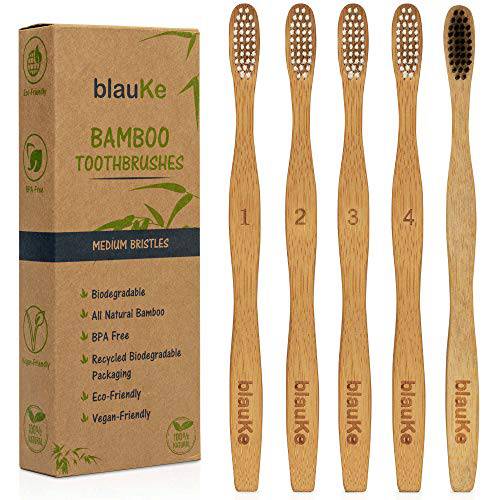 BlauKe Bamboo Toothbrushes Medium Bristles 5-Pack – 4 White Wooden Toothbrushes, 1 Black Charcoal Toothbrush – Biodegradable Natural Eco Friendly