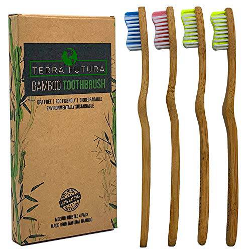 Terra Futura Bamboo Toothbrush, 4 Pack Multi-Color, Ergonomic Toothbrush. Eco Friendly, Biodegradable & Environmentally Sustainable, BPA Free Bristles, Eco Compostable Toothbrush