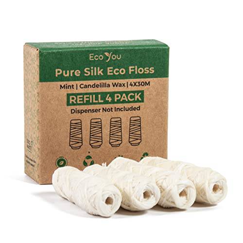 EcoYou Natural Silk Dental Floss | 4 Refills Pack | Mint & Candelilla Wax | Organic, Biodegradable