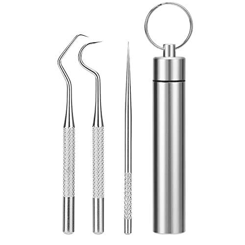 bonmall Dental Teeth Pick Stainless Steel Toothpick Set Reusable Tooth Stains Remover Dental,Cleaning Tools with Holder for Outdoor Picnic, Camping, Travel (3PCS/Set,)