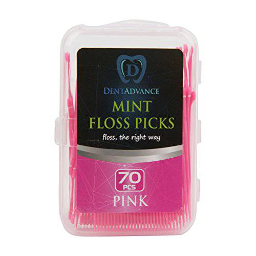 DentAdvance Mint Dental Floss Picks - Easy Reach Back Teeth | Tooth Flossers |Pink, Mint Flavored, 70 ct, w/ Travel Case