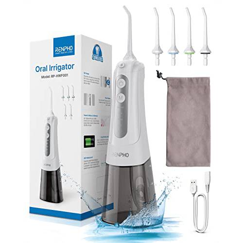 Cordless Water Dental Flosser for Teeth, RENPHO Professional 300ML Portable Waterproof USB Rechargeable Oral Irrigator, 4 Modes with DIY, 5 Jet Tips, Water Dental Picks Teeth Cleaner for Home Travel
