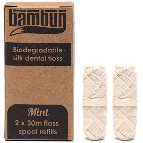 Eco-friendly Biodegradable Natural Silk Dental Floss Refills: Two 30m Floss Spool Refills (Plastic Free Packaging)