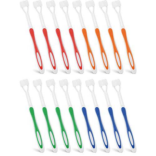 16 Pieces Three Bristle Travel Toothbrush Autism Toothbrush for Complete Teeth and Gum-Care, Great Angle Bristles Clean Each Tooth, Soft/ Gentle (Green, Blue, Yellow, Red)